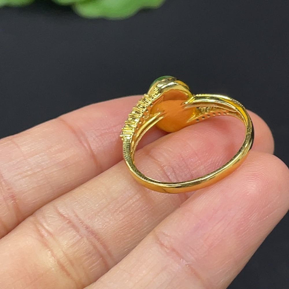 Hetian Jade Jasper cabochon ring with 18K gold and diamond accents, size 15, displayed on a neutral background.