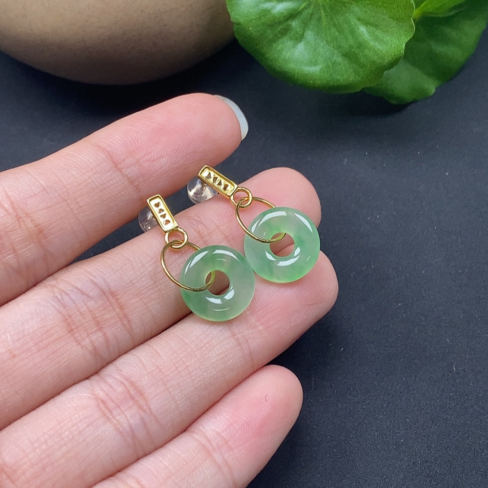Jadeite inlaid earrings with peace knot design in 18k gold, weight approx. 2.57g, featuring intricate craftsmanship and vibrant green jade.