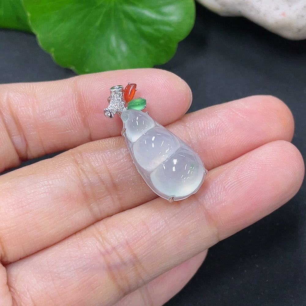 Jadeite inlaid lucky bean pendant, 18k gold with diamond accents, yellow bead color origin undetermined