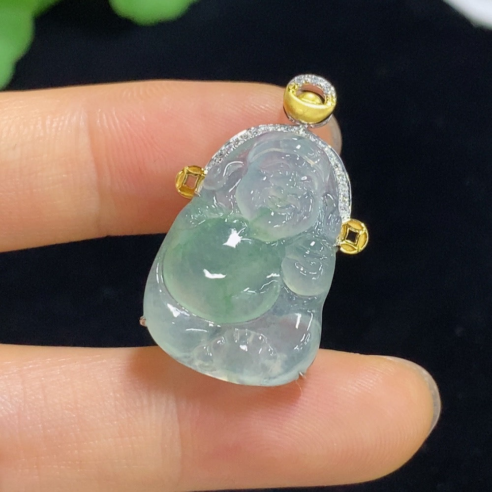 Jadeite Maitreya Inlaid Pendant 18k with Diamond, Total Weight Approx. 4.46g
