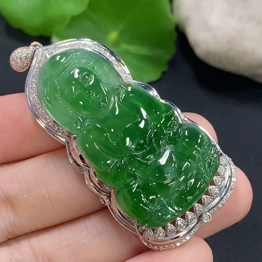 Jadeite Guanyin Inlaid Pendant with 18k Gold and Diamonds