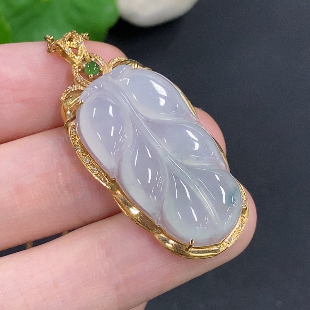 Jadeite Leaf Inlay Pendant 18K Gold with Diamond Accents
