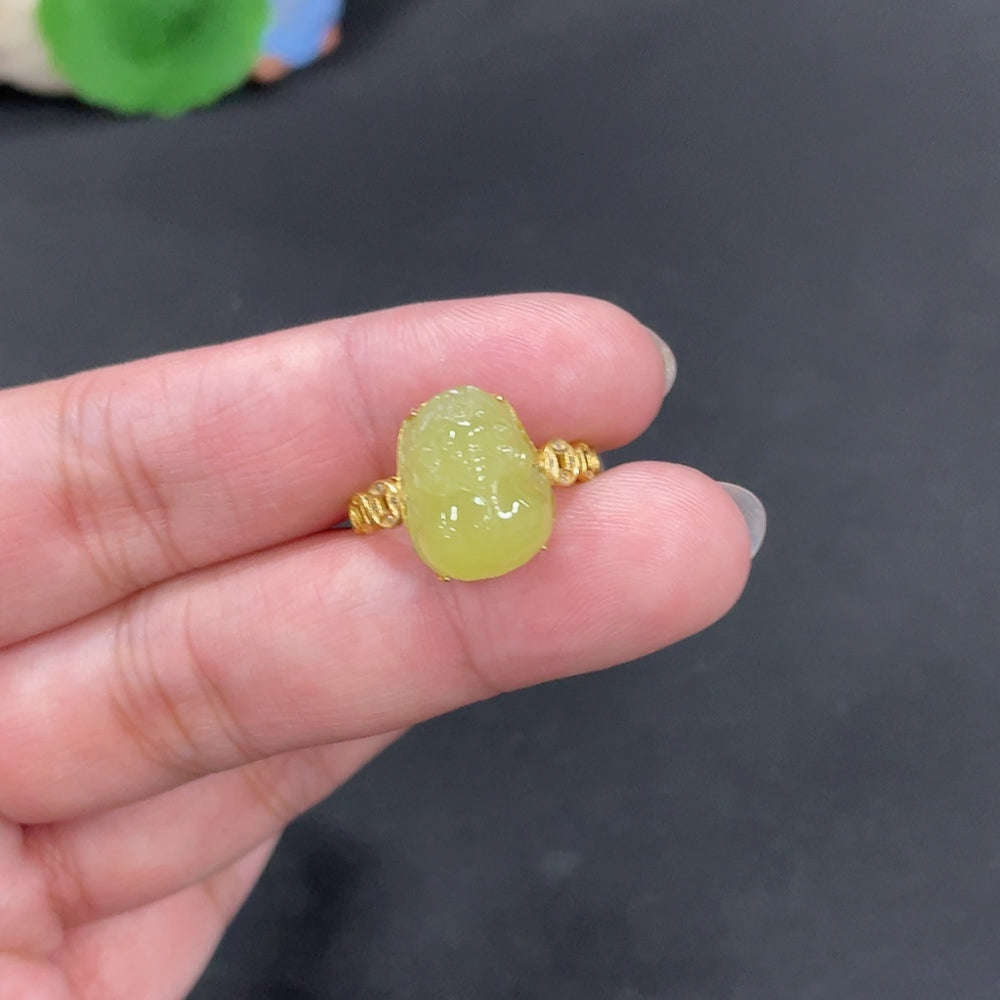 Hetian Jade Inlaid Ring Pixiu Size 13 Total Weight Approx. 2.7g 18k Non-Diamond