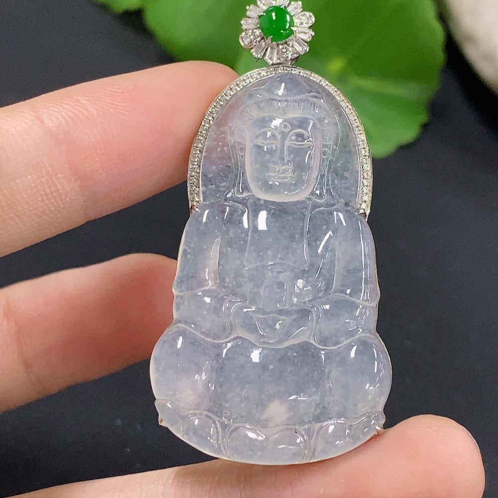 Jadeite Guanyin Inlaid Pendant 18k with Diamond Accents Total Weight Approximately 10.39g