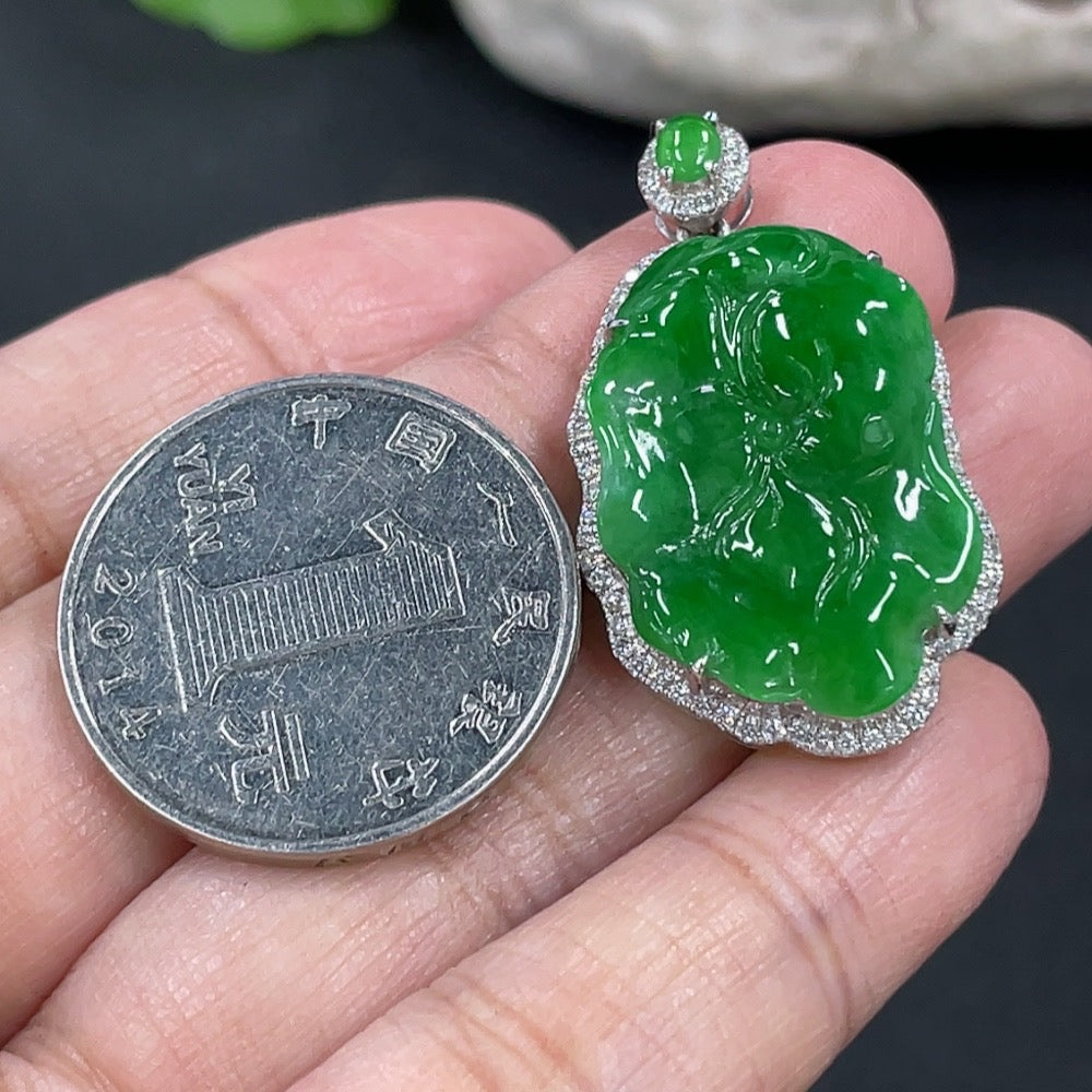 Jadeite Harmony and Beauty Inlaid Pendant, No Hallmark, Gold Content Approximately 58% Au, Accented with Diamonds, Total Weight Approximately 5.96g