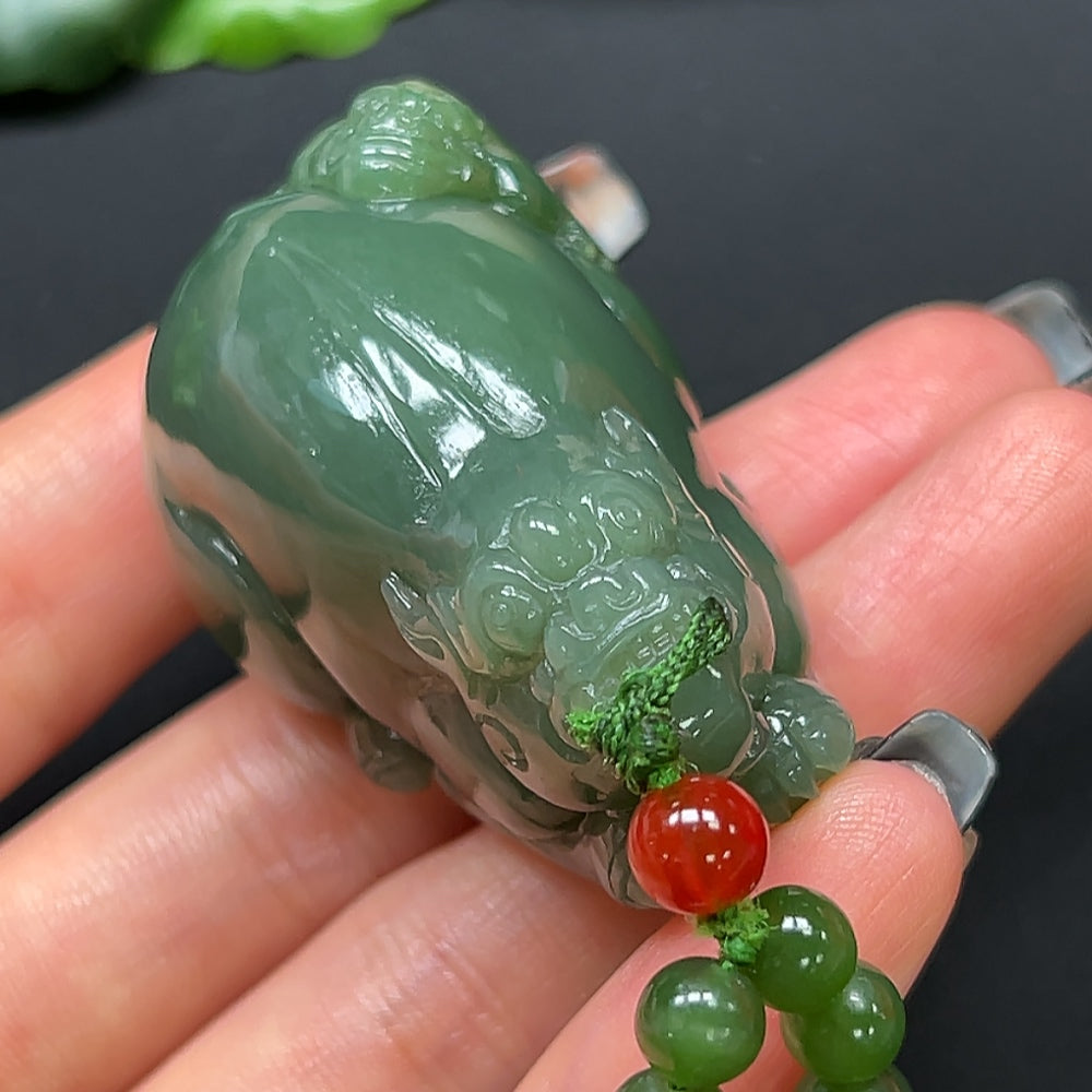 Hetian Jade Pi Xiu pendant with chain, crafted from HKHQ jade, weighing approximately 108.96 grams, featuring detailed traditional design.