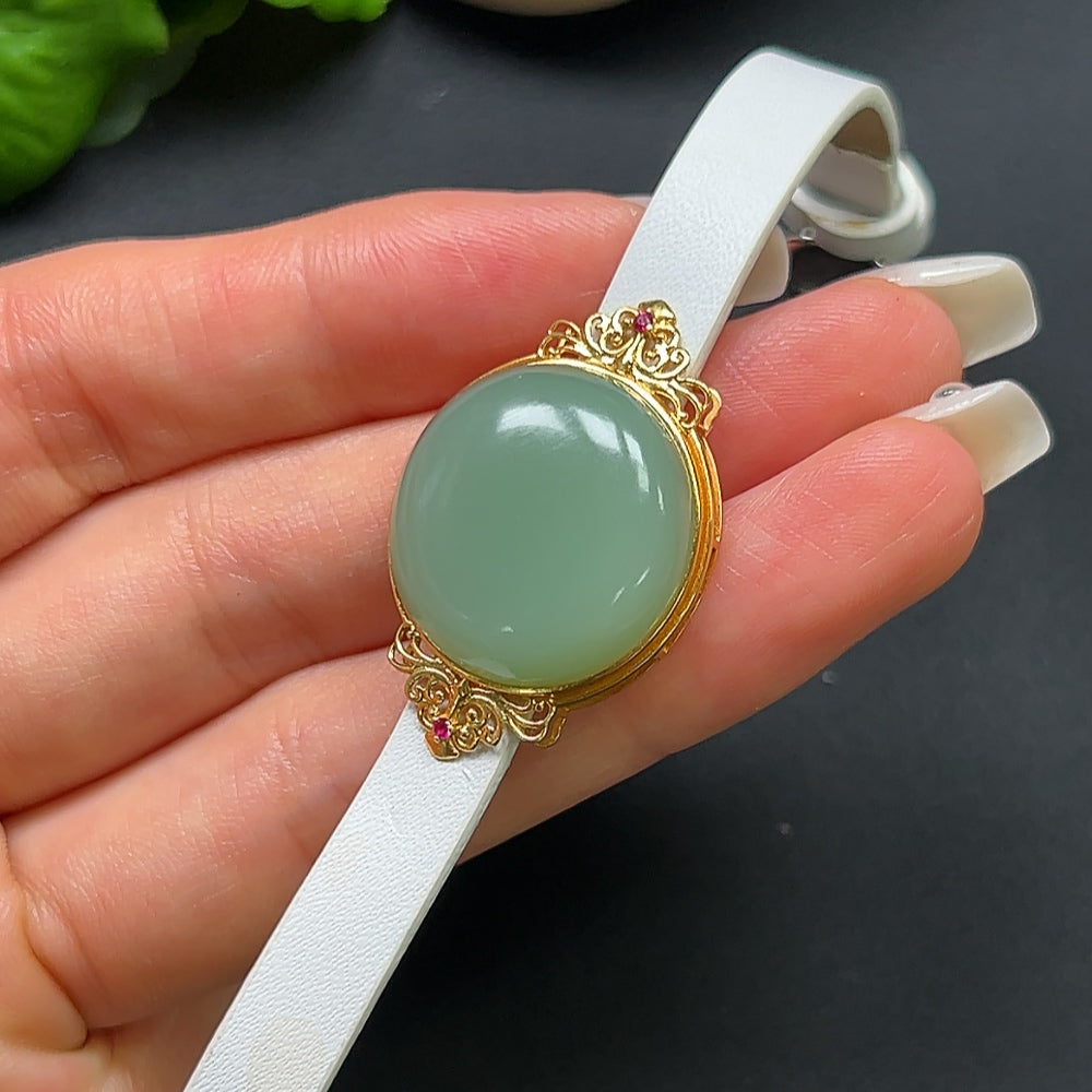 Hetian Jade Cabochon Bracelet 18K Gold with Leather Wristband