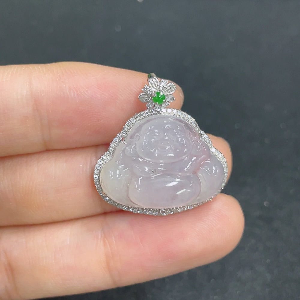 Jadeite Buddha pendant with 18k gold and diamond accents, weighing approximately 3.9g, featuring detailed Buddha carving.