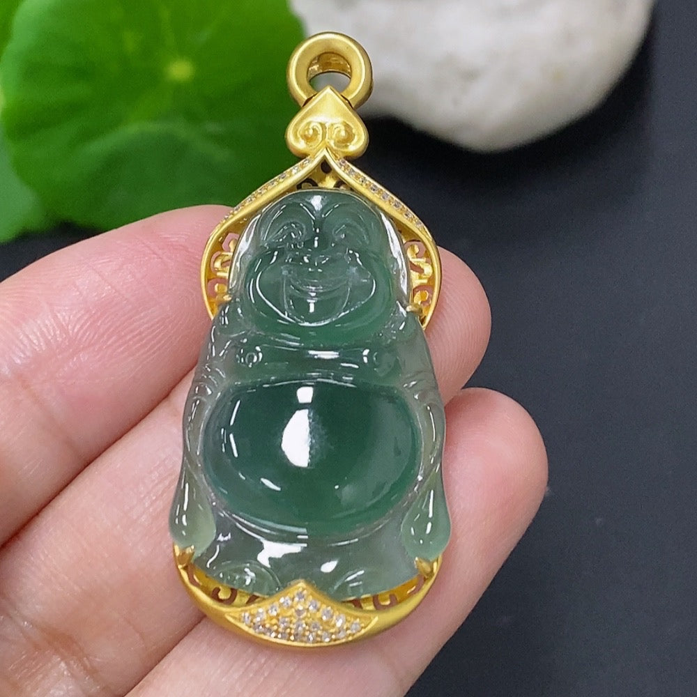 Jadeite Buddha Pendant with 18K Gold Mount, Total Weight Approx. 8.8g (Accented with Diamonds)