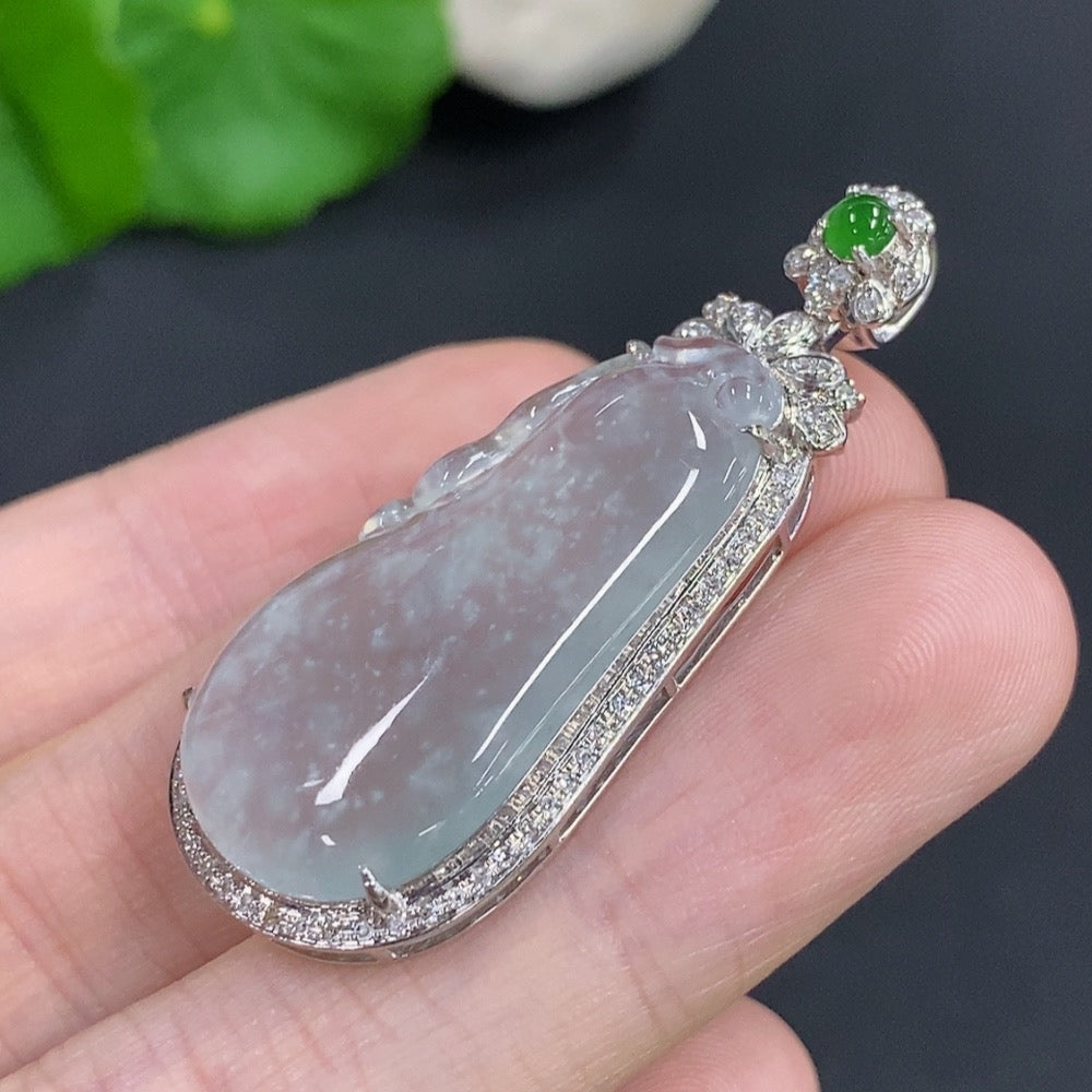 Jadeite auspicious gourd pendant with 18K gold and diamond accents, showcasing intricate craftsmanship and vibrant green jade.