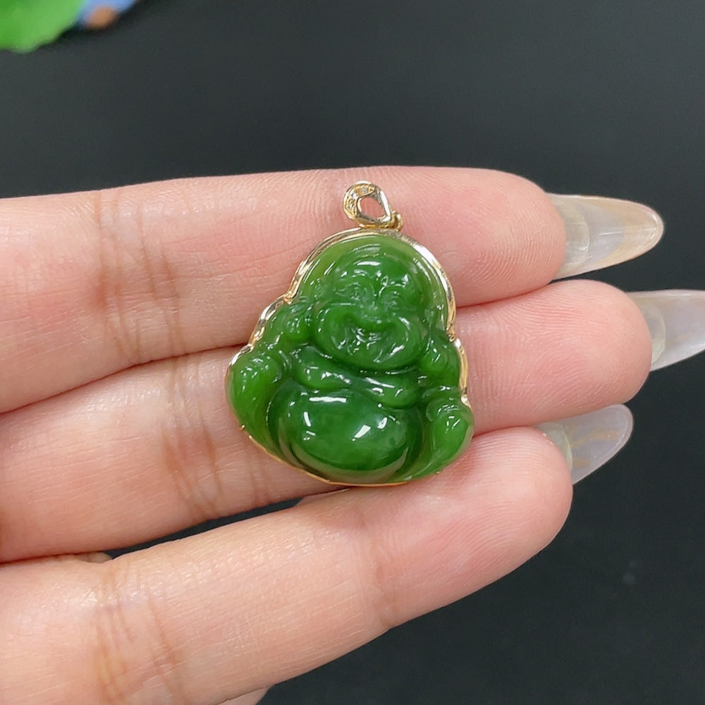 Hetian Jade Inlaid Pendant - Buddha, Total Weight Approx. 5.4g, 18K Gold with Diamond Accents