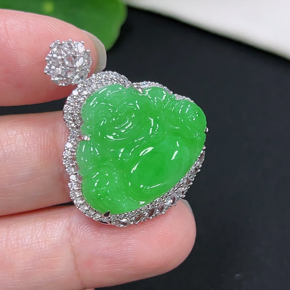 Jadeite Buddha Pendant 18K Gold (with minimal diamond accents)