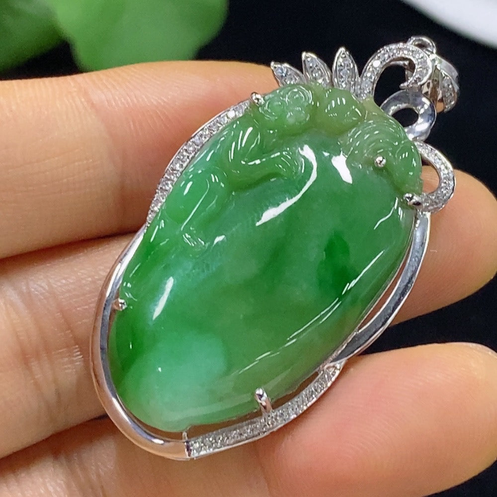 Jadeite Blessing Melon Pendant with 18K Gold and Diamond Accents