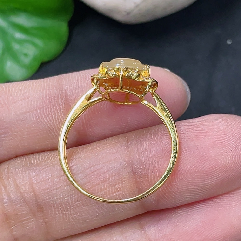 Jadeite Buddha Ring with 18k Gold Setting, Color Origin Undetermined, Diamond Accents, Base Metal Affects Color