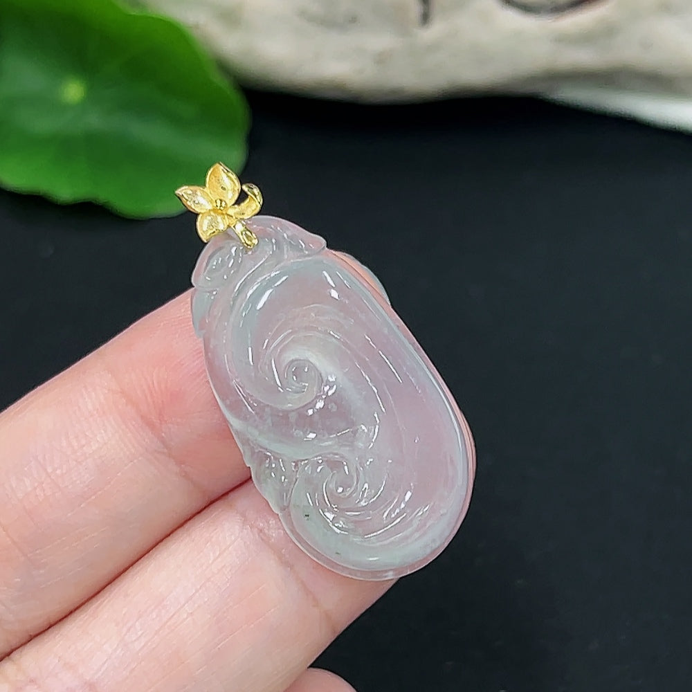 Jadeite Ruyi pendant necklace with 18K gold setting, crafted by HKHQ, featuring a smooth, polished jadeite stone design.