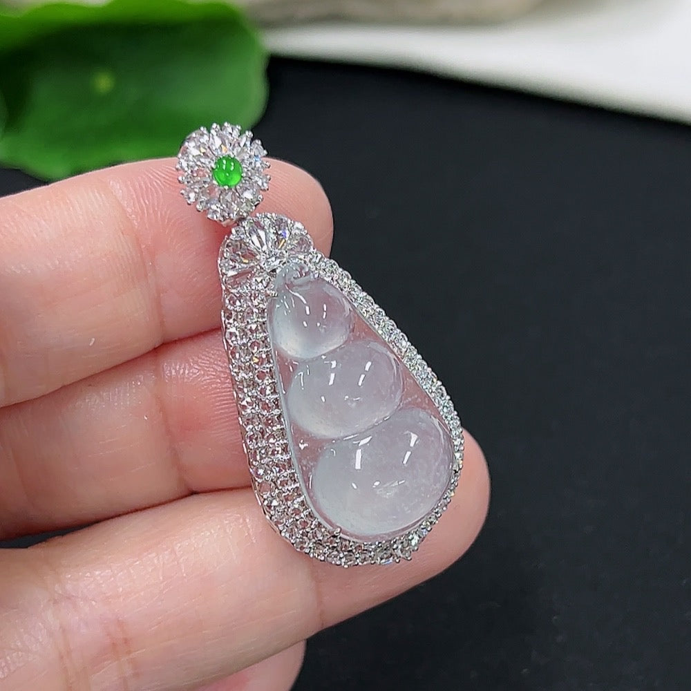 Jadeite Blessed Bean Pendant with 18k Gold and Diamond Accents