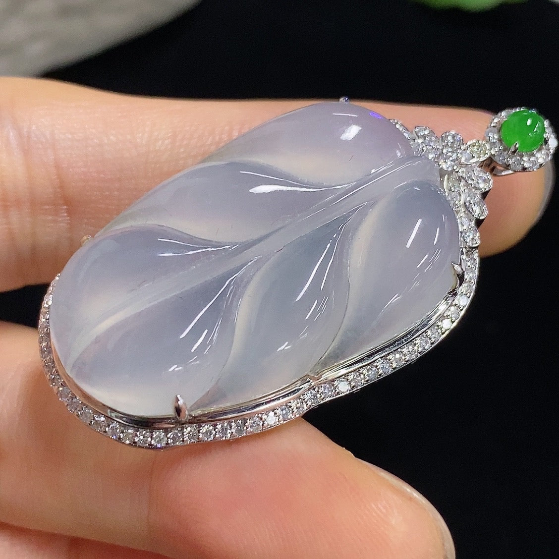 Jadeite Leaf Inlaid Pendant with 18K Gold and Diamond Accents