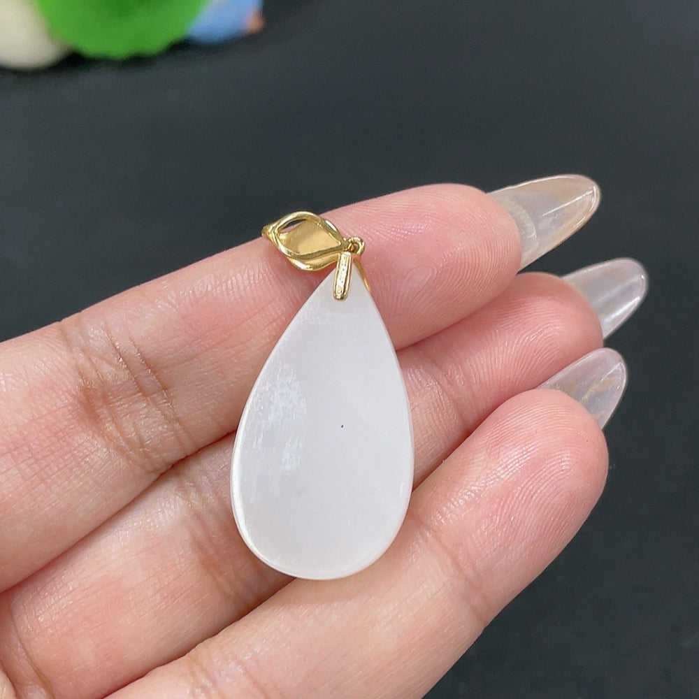 Hetian Jade Inlaid Pendant, Water Drop, Total Weight Approx. 7.4g, 18k Gold with Diamond Accents