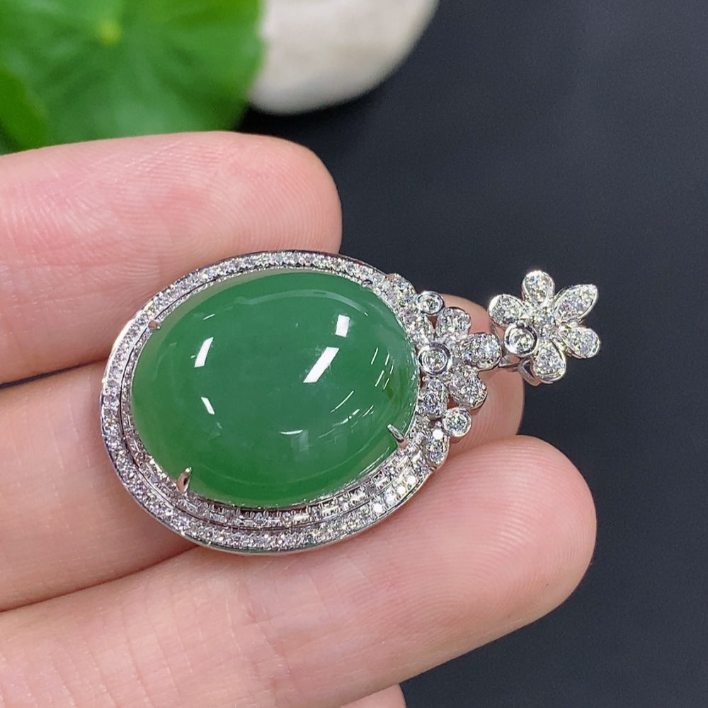 Jadeite Cabochon Pendant in 18K Gold with Diamond Accents