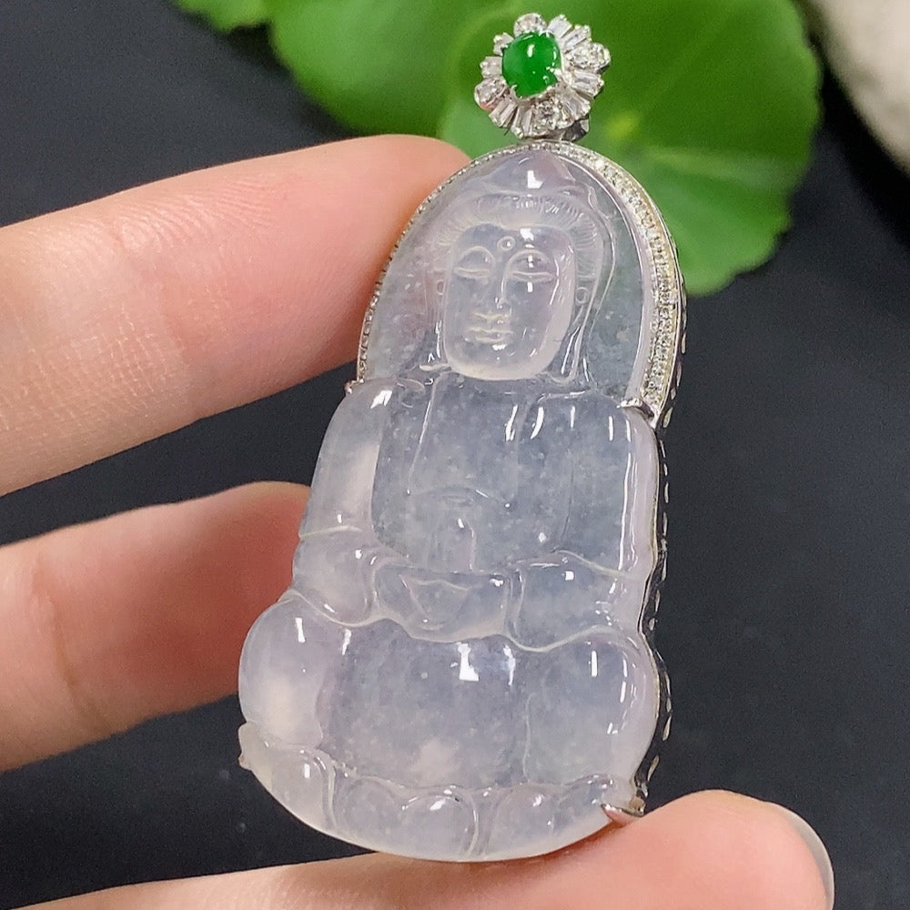 Jadeite Guanyin Inlaid Pendant 18k with Diamond Accents Total Weight Approximately 10.39g