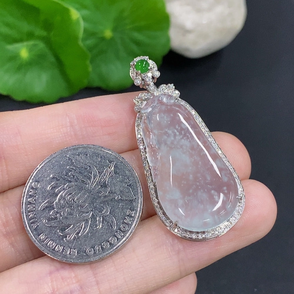 Jadeite auspicious gourd pendant with 18K gold and diamond accents, crafted by HKHQ, showcasing intricate detailing and polished finish.
