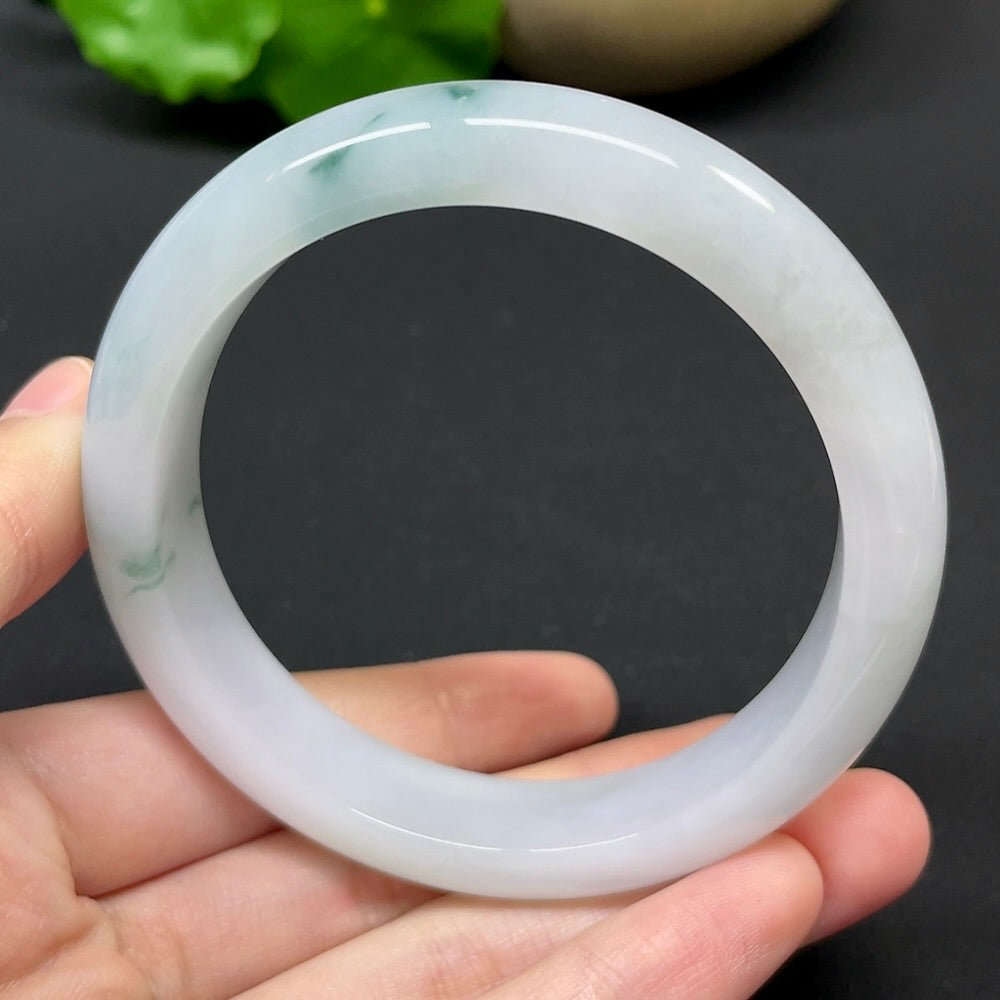 HKHQ jadeite round bangle in size 57.1, weighing 56.21g, showcasing smooth, polished jadeite with a glossy finish.