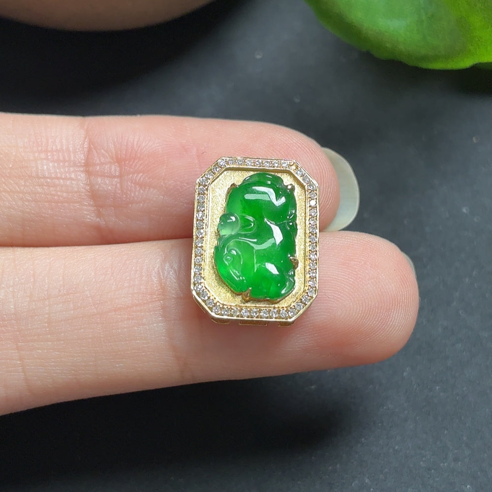 Jadeite inlaid pendant with diamond accents on a necklace, 18k gold, crafted by HKHQ, showcasing detailed jewelry craftsmanship.