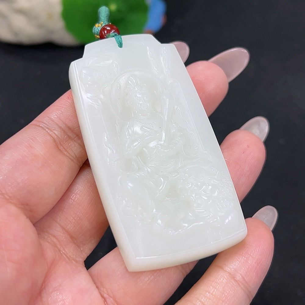 Hetian jade pendant featuring Manjushri Bodhisattva with rope, approximately 60.8g, crafted by HKHQ, showcasing detailed jade carving.
