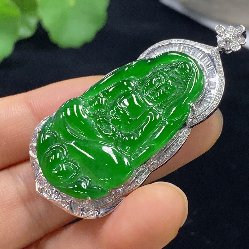 Jadeite Guanyin Inlaid Pendant 18k with Diamond Accents Total Weight Approx. 13.23g