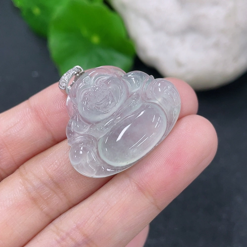 Jadeite Buddha pendant with 18K gold and diamond accents, crafted from green jade, weighing about 5.17 grams.