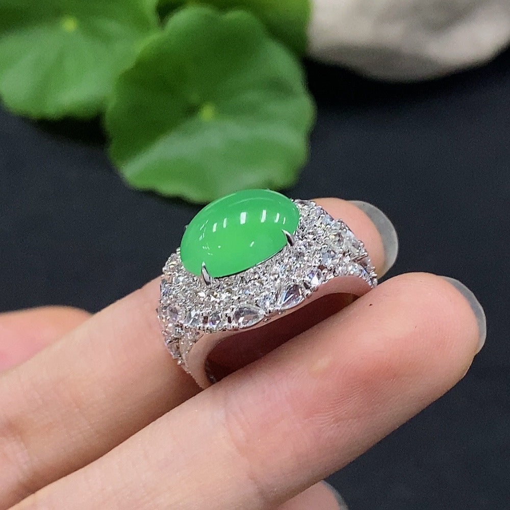 Jadeite Cabochon Ring with 18K Gold, Size 15, Accented with Diamonds, Total Weight Approx. 7.7g