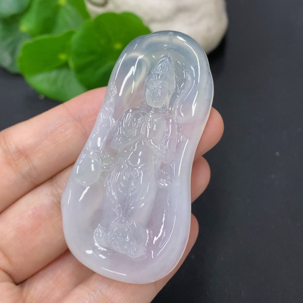 Jadeite Guanyin pendant necklace by HKHQ, carved figure of Guanyin, weighing approximately 21.7 grams, detailed and polished.