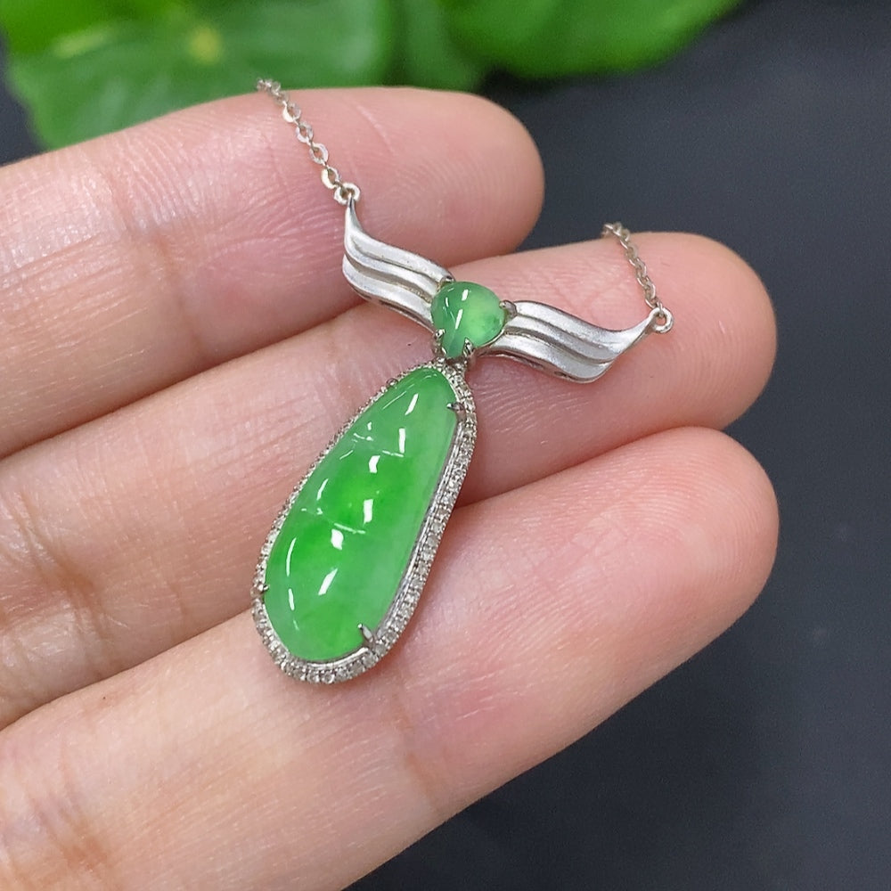 Jadeite Lucky Bean Pendant with 18K Gold and Diamond Accents, Total Weight Approximately 2.7g Including Chain