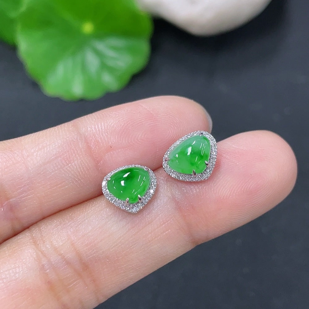 Jadeite Earrings with 18k Gold and Diamond Accents, Total Weight Approximately 1.45g