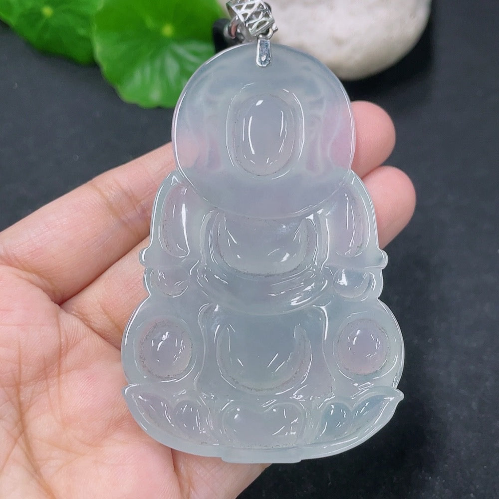 Jadeite Guanyin pendant necklace with 18k clasp, HKHQ, weighs approx. 42.15g, featuring natural jadeite and intricate carving.