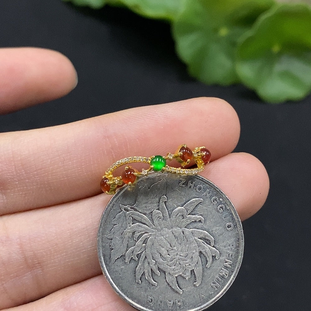 Jadeite Cabochon Ring 18K Gold Size 13 Accented with Diamonds Total Weight Approx. 0.98g