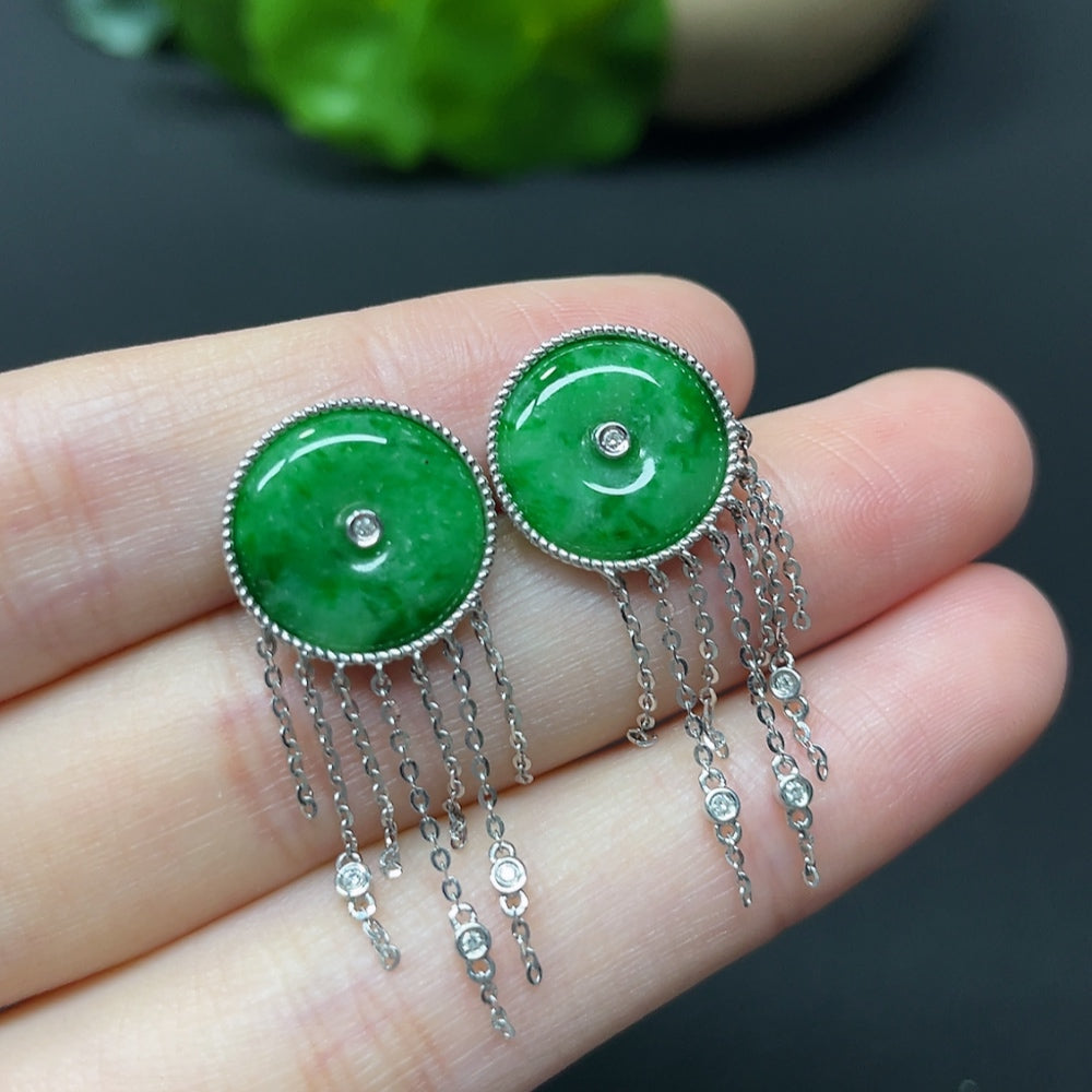 HKHQ jadeite safety buckle inlaid earrings with diamonds, 18k gold setting, featuring mineral components and a total weight of 3.79g.