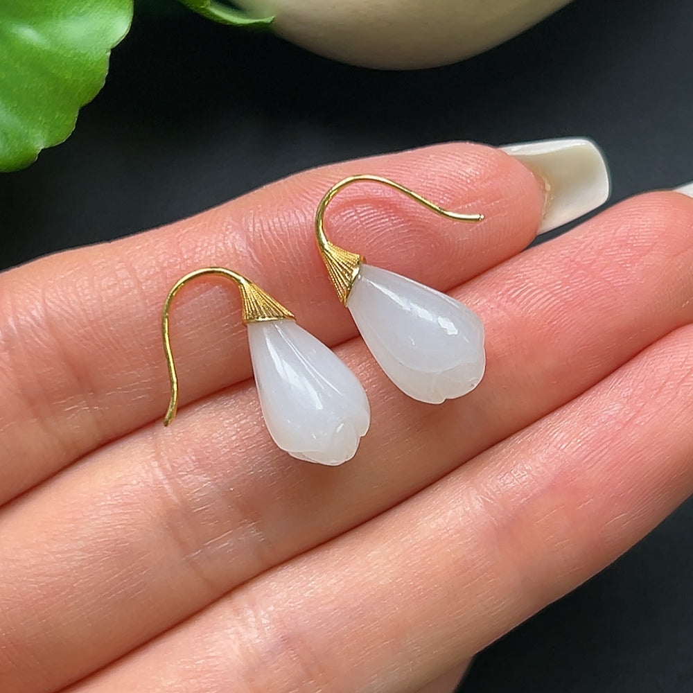 Hetian Jade bud earrings with 18k gold setting, featuring smooth green jade stones and delicate design by HKHQ.