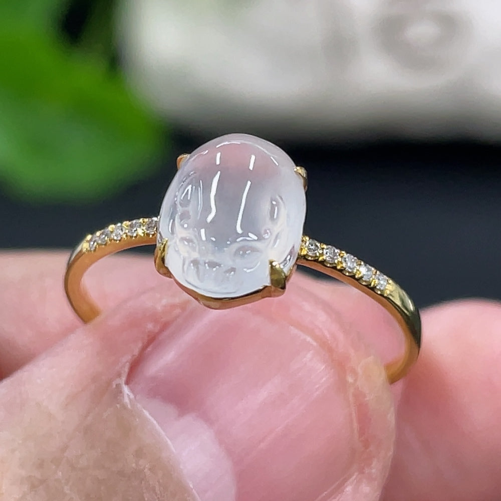 Jadeite Three-Legged Golden Toad Inlaid Ring 18k Gold Setting Size 14 Total Weight Approx. 1.25g with Diamond Accents