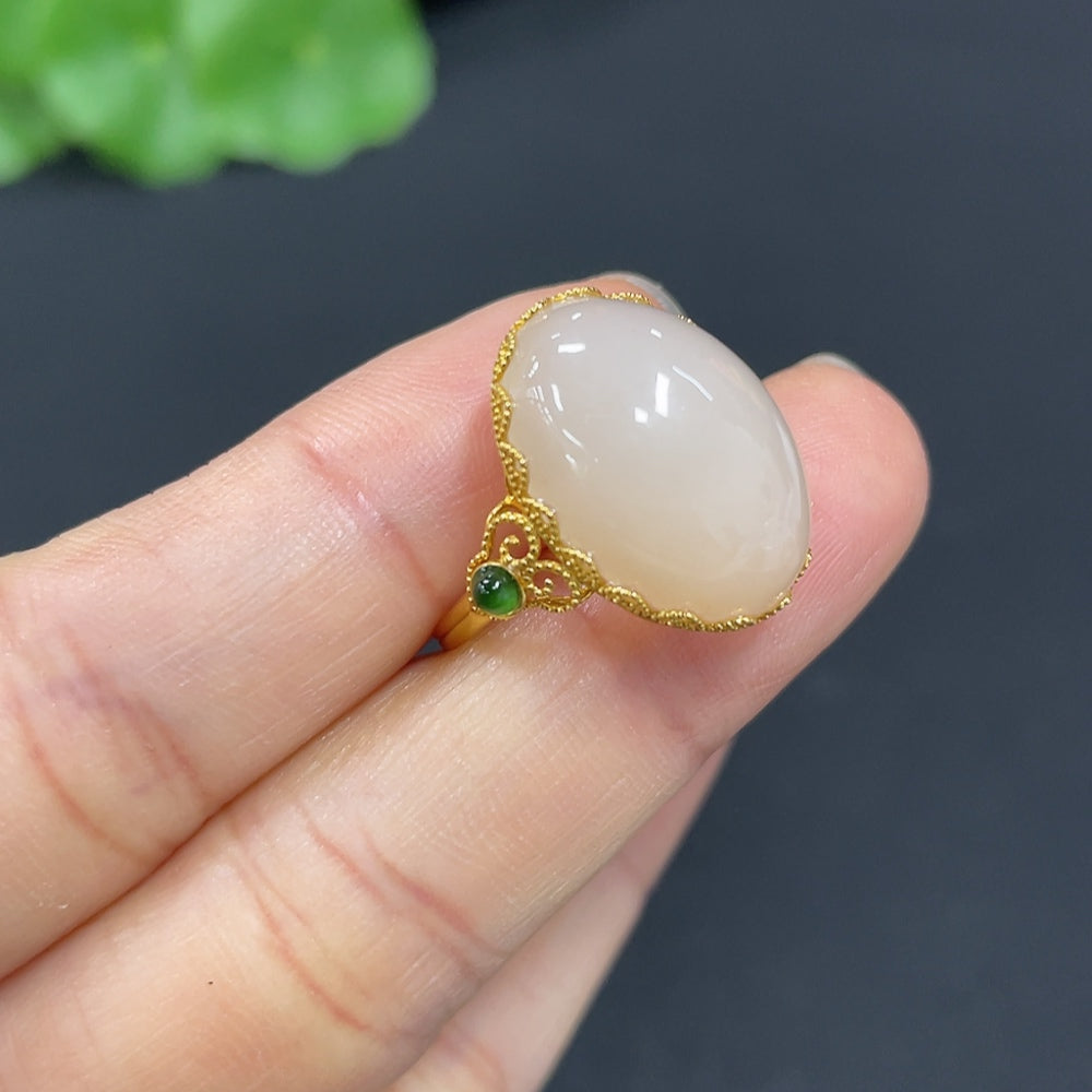 Hetian Jade Cabochon Inlaid Ring, 18k Gold, Size 15, Total Weight Approx. 3.3g