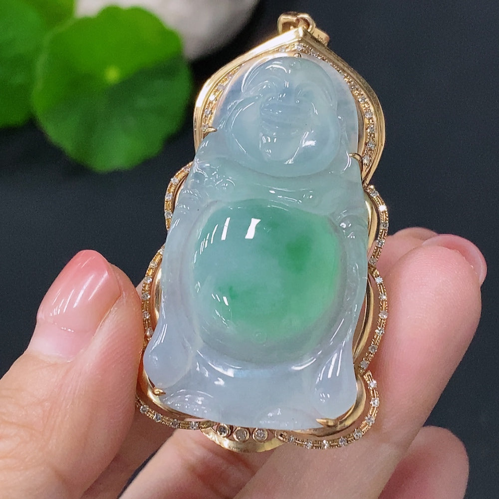 Jadeite Buddha Pendant with 18K Gold Setting, Total Weight Approx. 13.37g, Accented with Diamonds