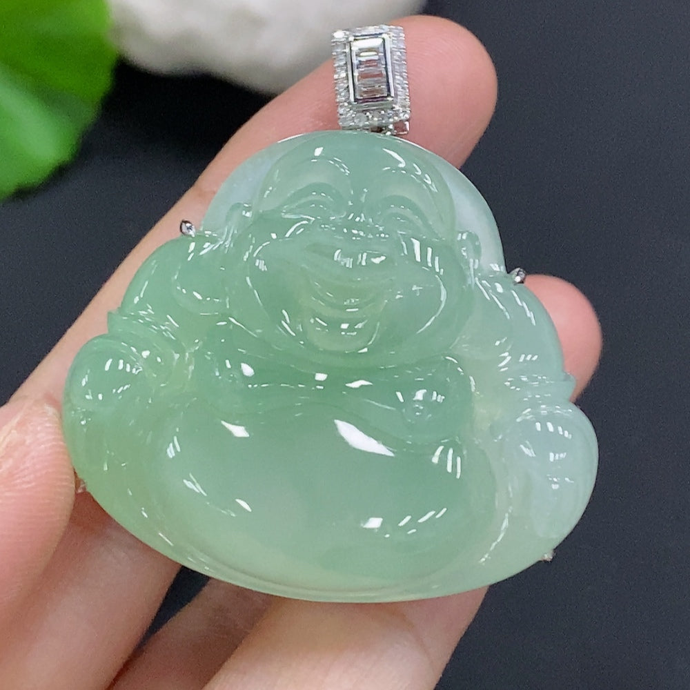 Jadeite Buddha Pendant with 18K Gold Setting, Total Weight Approx. 24.9g (Accented with Diamonds)