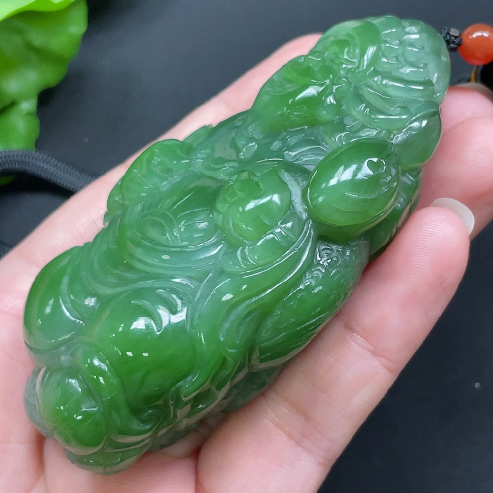 HKHQ Hetian Jade Buddha handheld piece with rope, weighs approx. 190.73g, featuring detailed jade craftsmanship and a serene Buddha design.