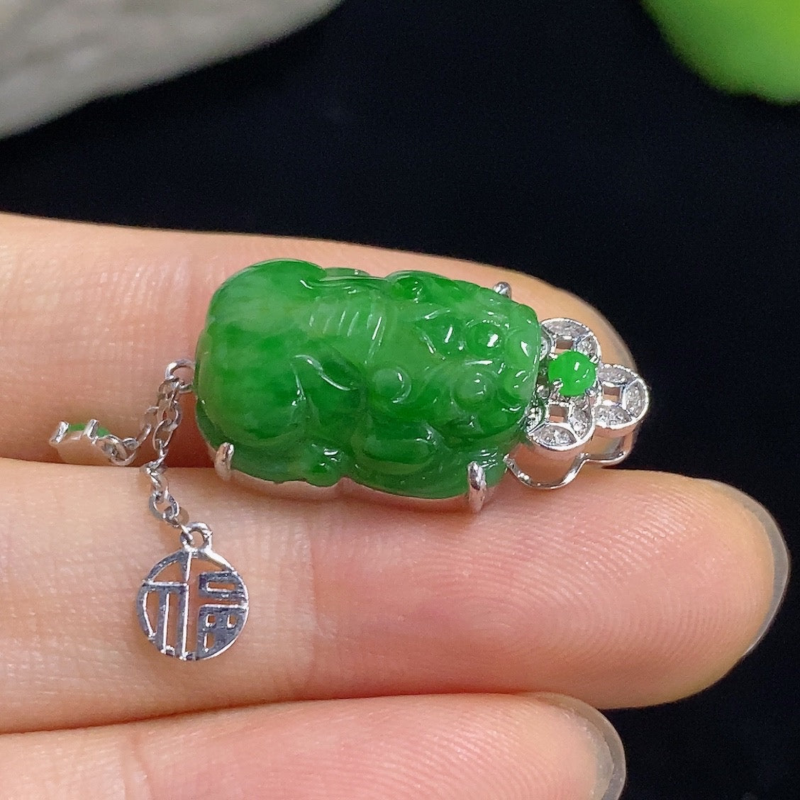 Jadeite Pi Xiu Inlaid Pendant 18K with Diamond Accent
