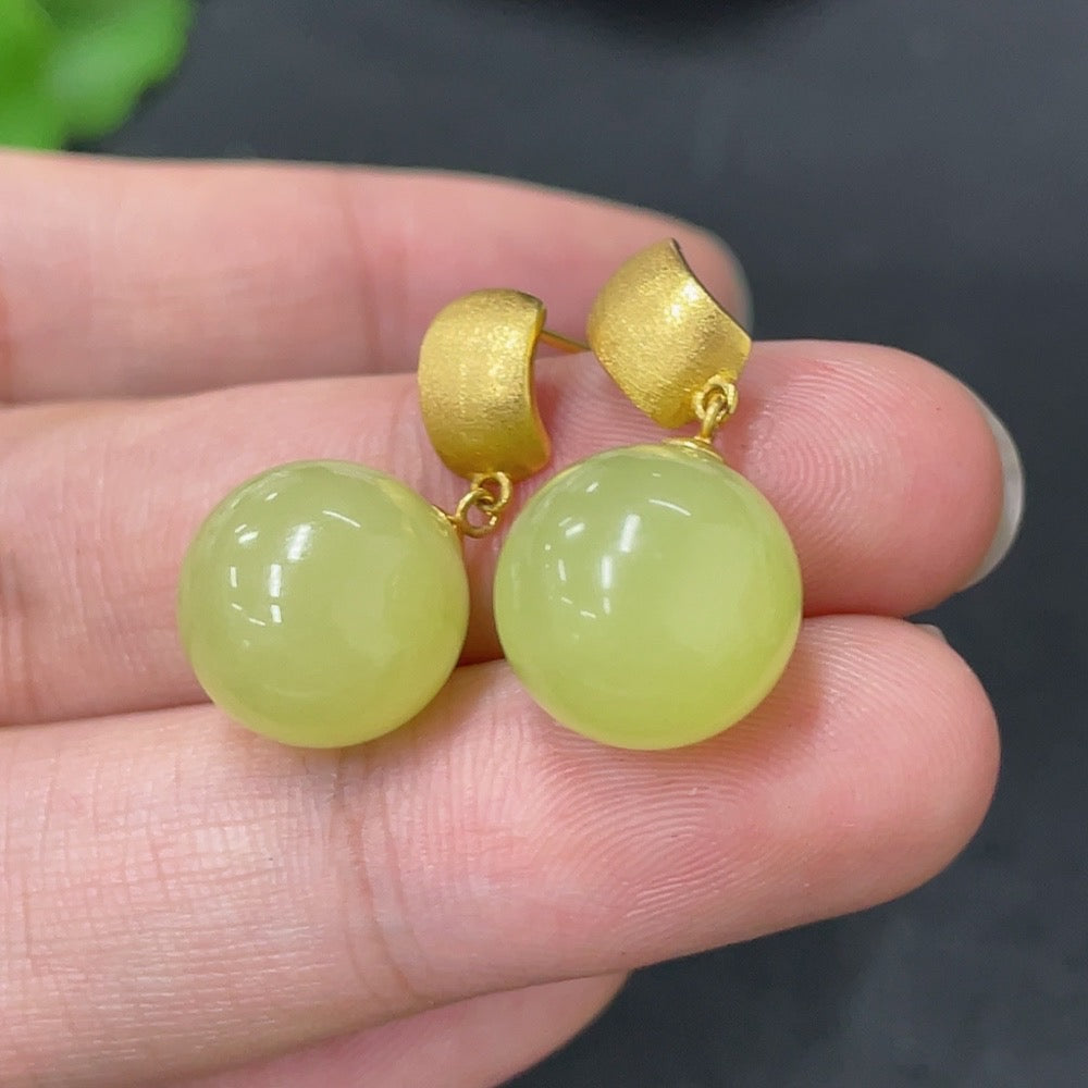 Hetian Jade Inlaid Earrings, Approx. 11.8mm, 18K Gold, Total Weight Approx. 5.7g
