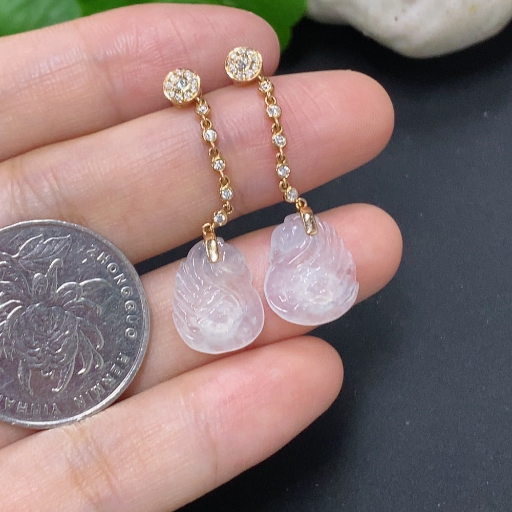 Jadeite swan earrings with 18k gold and diamond accents, featuring intricate inlaid jade design and delicate craftsmanship.