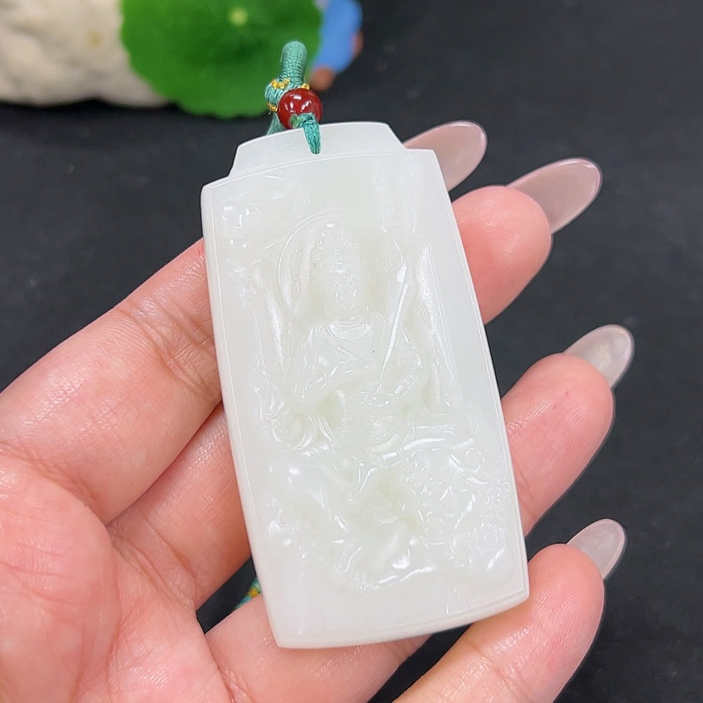 Hetian jade pendant featuring Manjushri Bodhisattva with rope, weighing approximately 60.8g, crafted by HKHQ.