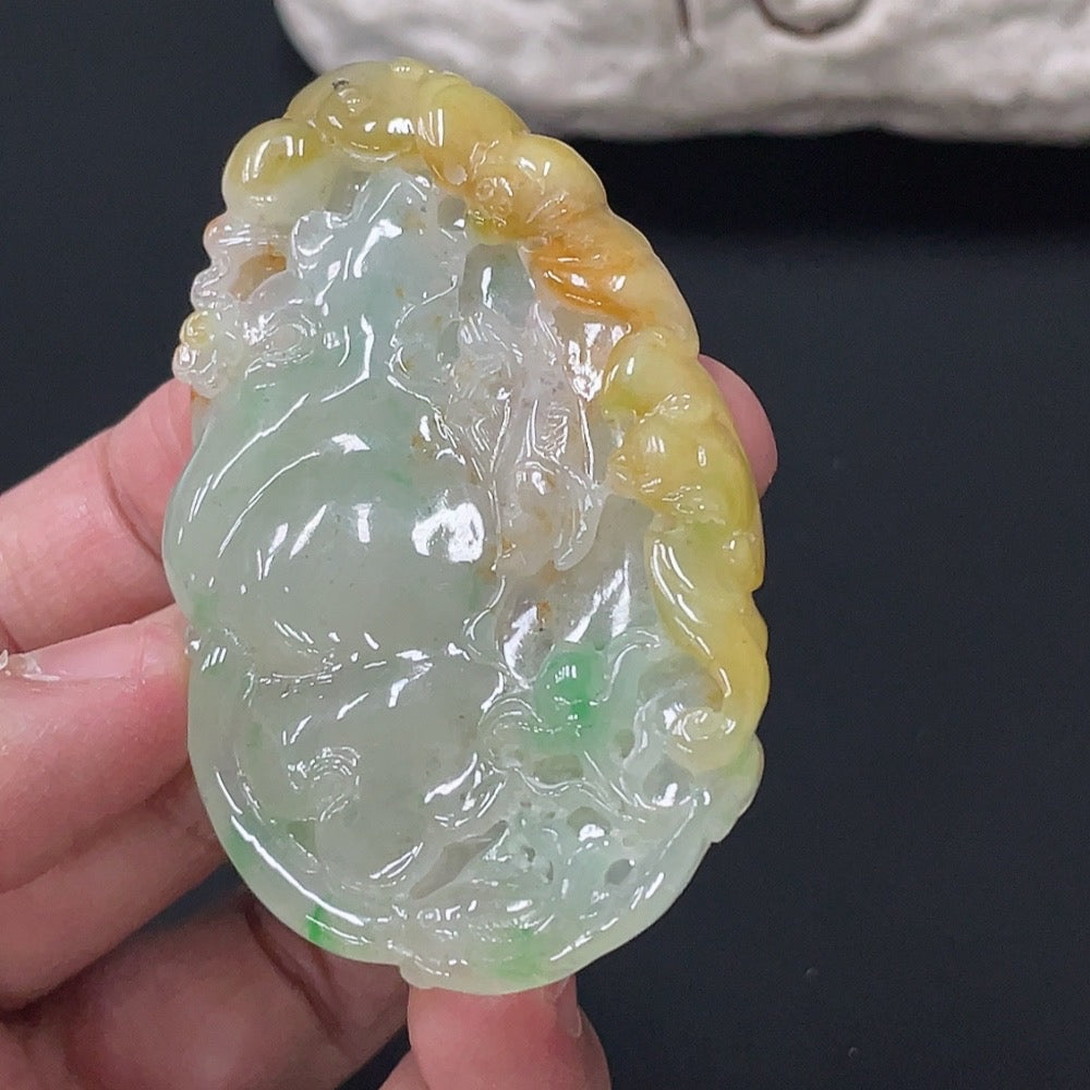 Jadeite Lotus Leaf Fish Pendant, Total Weight Approx. 27.26g, Color Origin Undetermined