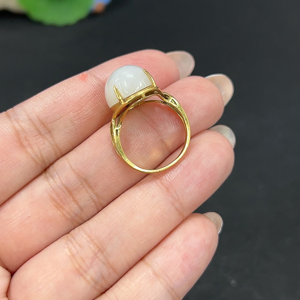 Hetian Jade Inlaid Ring Size 12.5 Total Weight 4.9g 18k