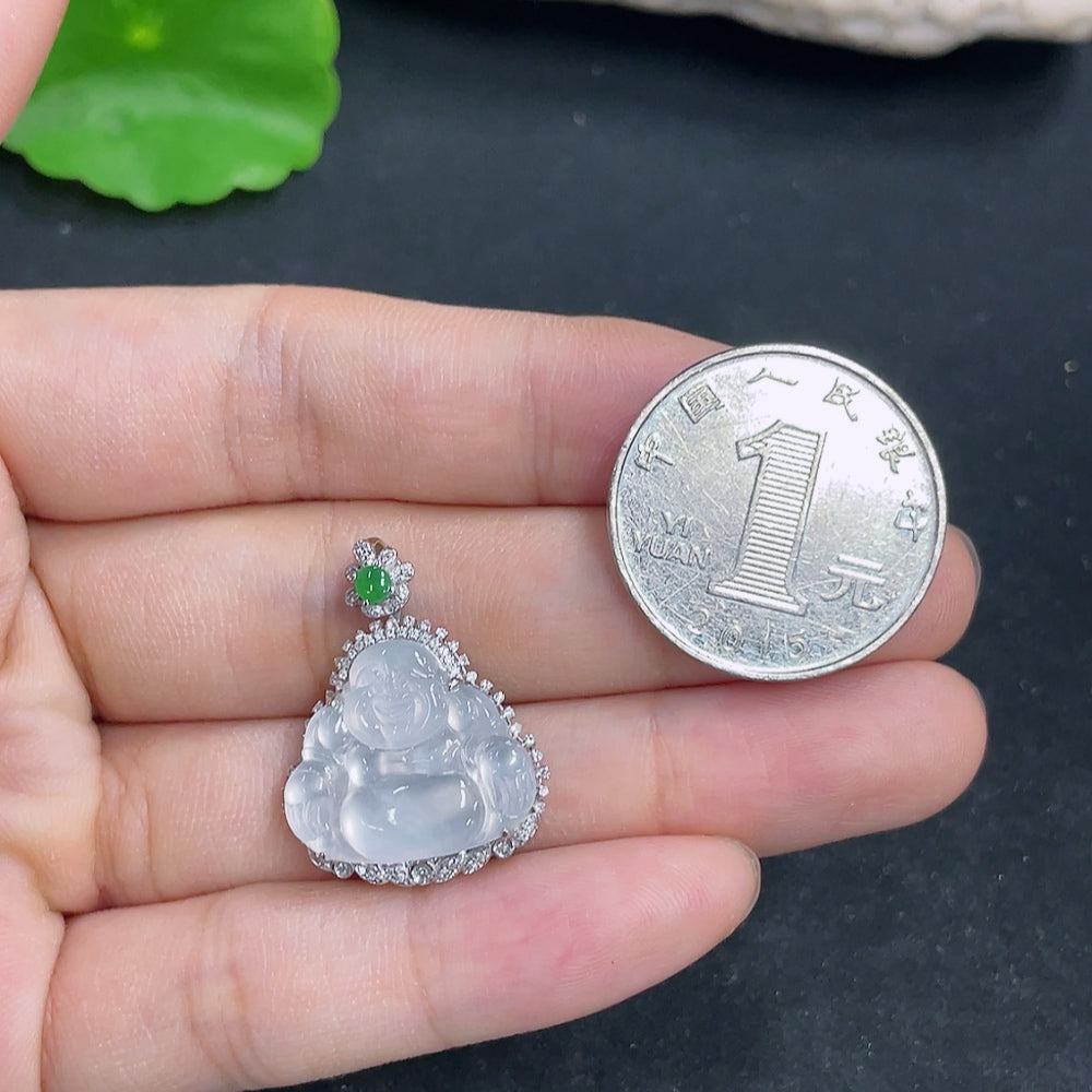 Jadeite Buddha pendant with 18k gold and diamond accents, featuring a detailed Buddha figure, weighing approximately 4.79g.
